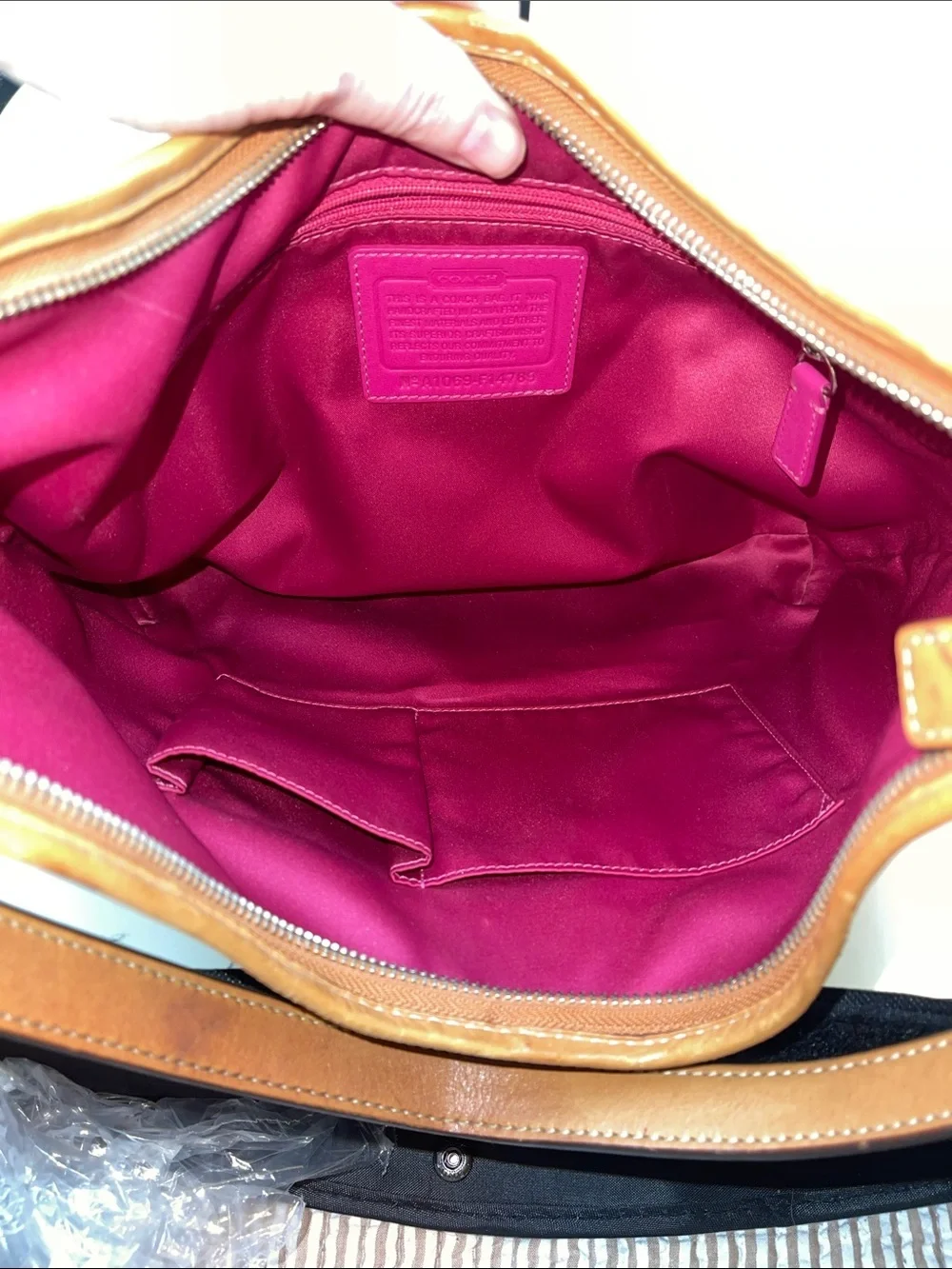 Coach Tattersol Cream Plaid Shoulder Bag with Pink Stripe